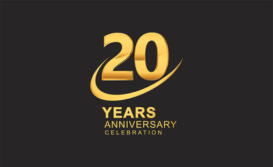 20th years anniversary with swoosh design golden color isolated on black background for celebration