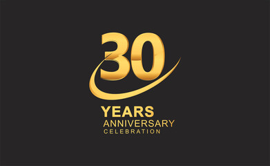 30th years anniversary with swoosh design golden color isolated on black background for celebration