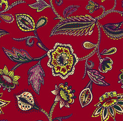 Fantastic ethnic vector seamless pattern with stylized plants in Asian style. Beautiful print for fabrics and packaging products. Botanical surface design.