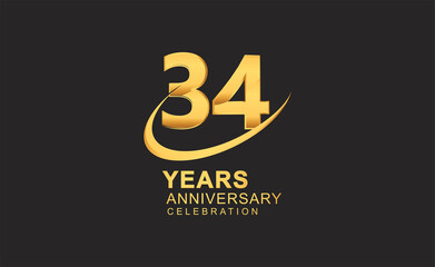 34th years anniversary with swoosh design golden color isolated on black background for celebration