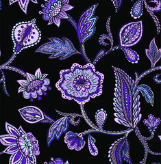 Fantastic ethnic vector seamless pattern with stylized plants in Asian style. Beautiful print for fabrics and packaging products. Botanical surface design.