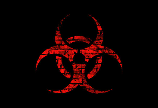 Illustration of a red biohazard symbol with a brick texture on a black background.
