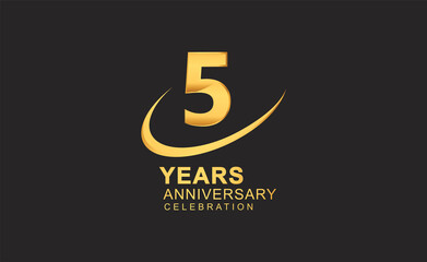 5th years anniversary with swoosh design golden color isolated on black background for celebration
