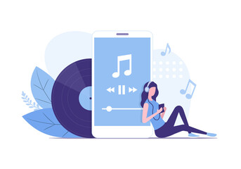 Music listening concept. Colored flat vector illustration. Isolated on white background. 