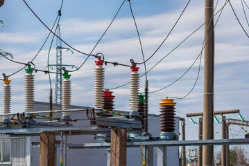 High voltage power transformer,generator electric in substation.Front view to high-voltage...