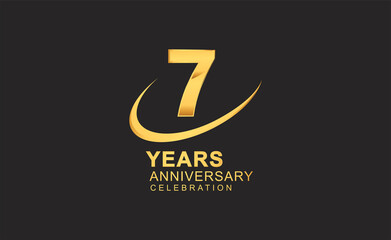 7th years anniversary with swoosh design golden color isolated on black background for celebration