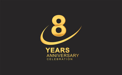 8th years anniversary with swoosh design golden color isolated on black background for celebration