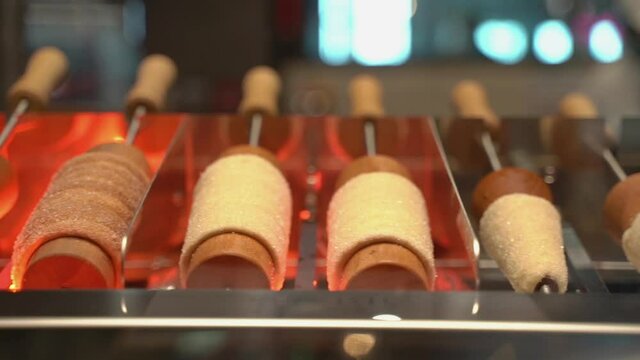 sweet dough tube. dessert is prepared on the shelves in the cafe