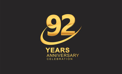 92nd years anniversary with swoosh design golden color isolated on black background for celebration