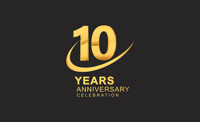 10th years anniversary with swoosh design golden color isolated on black background for celebration