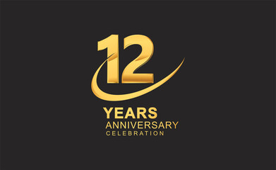 12th years anniversary with swoosh design golden color isolated on black background for celebration
