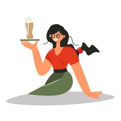 A bright showy brunette in a red blouse and glasses holds a glass of beer on a tray. Nice smiling girl offers to drink beer. Oktoberfest day. Beer, alcoholic beverage in a large pint. Vector,