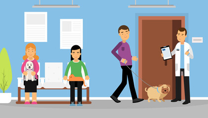 Veterinary Clinic and Medicine with Man Veterinarian Engaged in Diagnosis and Treatment of Animal Disease Vector Illustration