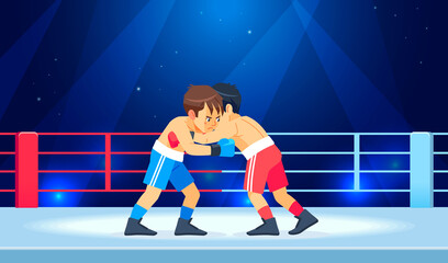 Young guys muscular boxers in boxing gloves stand in a clinch in the ring. Cartoon characters boy vector illustration - obrazy, fototapety, plakaty