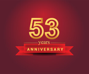 53rd years anniversary design with red ribbon and golden color isolated on red background, Design for anniversary celebration.