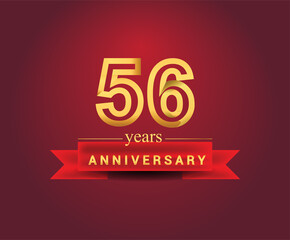 56th years anniversary design with red ribbon and golden color isolated on red background, Design for anniversary celebration.