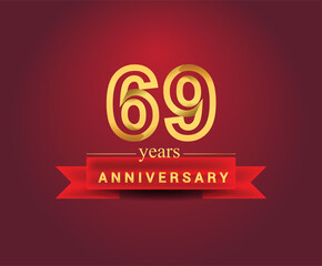 69th years anniversary design with red ribbon and golden color isolated on red background, Design for anniversary celebration.