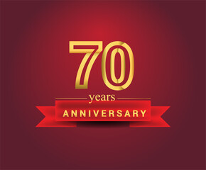 70th years anniversary design with red ribbon and golden color isolated on red background, Design for anniversary celebration.