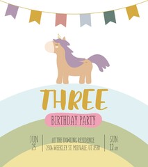 Vector illustration, isolated, on a white background. An invitation to a unicorn party in a cartoon style with a magical cute brown unicorn with purple hair and the inscription three