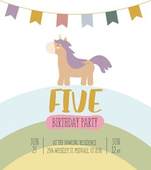 Vector illustration, isolated, on a white background. An invitation to a unicorn party in a cartoon style with a magical cute brown unicorn with purple hair and the inscription five