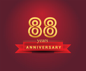 88th years anniversary design with red ribbon and golden color isolated on red background, Design for anniversary celebration.