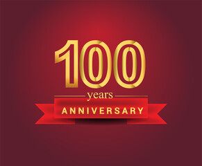 100th years anniversary design with red ribbon and golden color isolated on red background, Design for anniversary celebration.