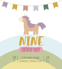 Vector illustration, isolated, on a white background. An invitation to a unicorn party in a cartoon style with a magical cute brown unicorn with purple hair and the inscription nine
