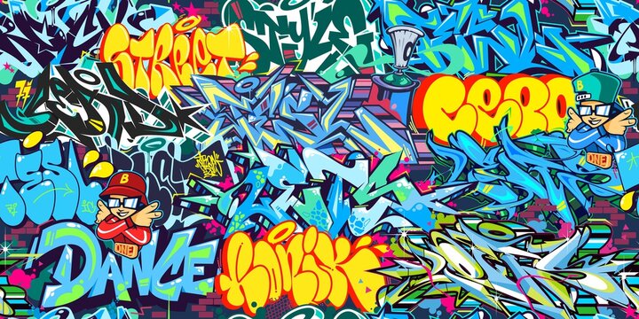 Abstract Colorful Urban Graffiti Street Art Seamless Pattern. Vector Illustration Background Art