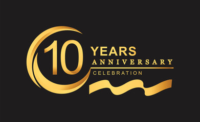 10th anniversary design logotype golden color with ring and gold ribbon for anniversary celebration