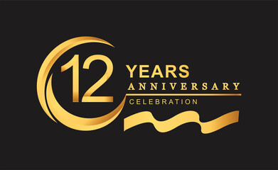 12th anniversary design logotype golden color with ring and gold ribbon for anniversary celebration