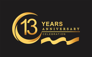 13th anniversary design logotype golden color with ring and gold ribbon for anniversary celebration