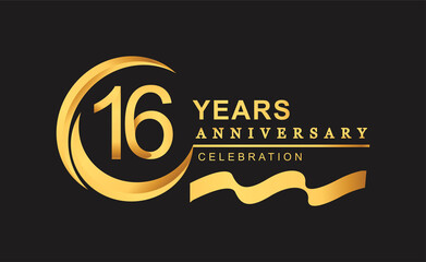 16th anniversary design logotype golden color with ring and gold ribbon for anniversary celebration