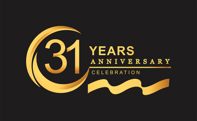 31st anniversary design logotype golden color with ring and gold ribbon for anniversary celebration