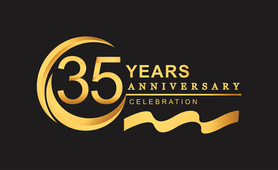 35th anniversary design logotype golden color with ring and gold ribbon for anniversary celebration