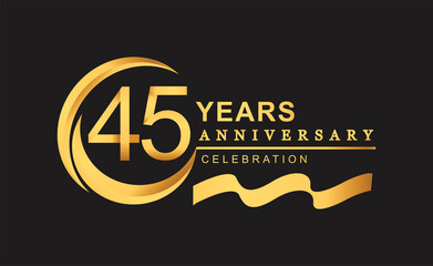 45th anniversary design logotype golden color with ring and gold ribbon for anniversary celebration