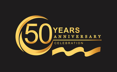 50th anniversary design logotype golden color with ring and gold ribbon for anniversary celebration