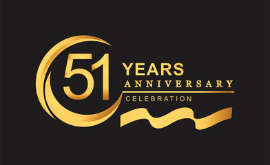 51st anniversary design logotype golden color with ring and gold ribbon for anniversary celebration