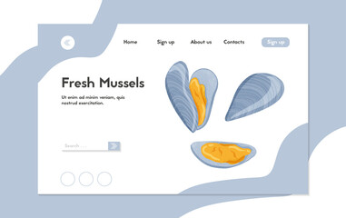 Fototapeta na wymiar Fresh tasty seafood clams, shellfish in seashells vector hand drawn landing page design with text space.