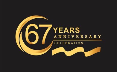 67th anniversary design logotype golden color with ring and gold ribbon for anniversary celebration