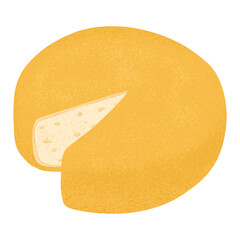 Swiss cheese round wheel with cut piece vector flat illustration. Cheddar or Maasdam fresh and tasty food.