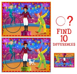 Differences kids game with vector circus stage and performers. Education memory game, attention test, puzzle and riddle with matching pictures task, clown, acrobat and animal tamer on circus arena © Vector Tradition