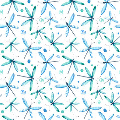 Watercolor bright blue butterfly, dragonfly seamless pattern. Colorful flying insects repeat print. Azure butterflies background for textile, fabric, wrapping paper and decoration.