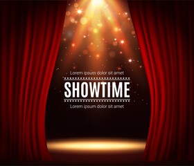 Stage with red curtains, theater scene vector background with spotlight illumination and sparkles. Showtime poster for performance, music show or concert with realistic 3d red curtains and light glow - obrazy, fototapety, plakaty