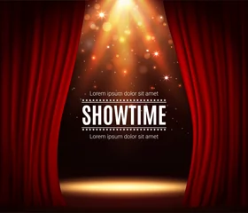 Wandaufkleber Stage with red curtains, theater scene vector background with spotlight illumination and sparkles. Showtime poster for performance, music show or concert with realistic 3d red curtains and light glow © Vector Tradition