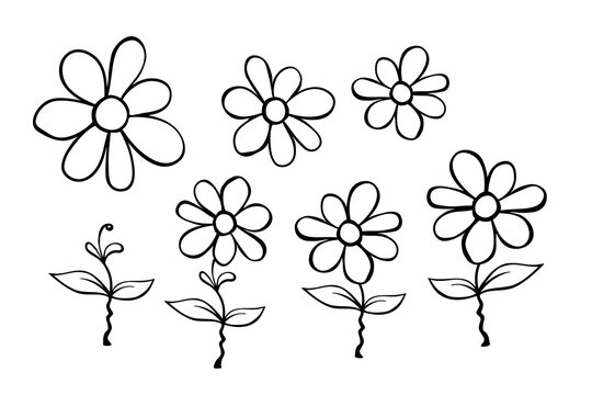 Set of hand drawn cute flowers on stem. Clip art, black and white stylized botanical elements for design isolated. Vector illustration in doodle cartoon style