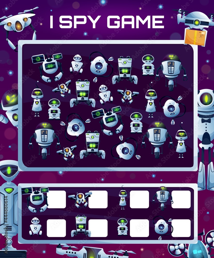 Poster kids education game with robots, vector i spy riddle with cyborgs, how many androids and drones test