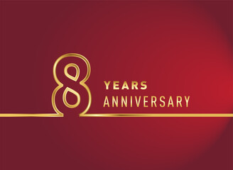 8th years anniversary logotype, gold colored isolated with red background, vector design for celebration, invitation card, and greeting card