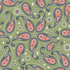 Seamless abstract pattern in paisley style. On a green background - a colored ornament of cucumbers. Printing for textiles and paper. Vector illustration.