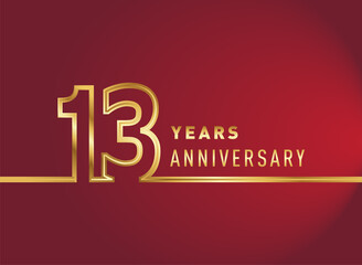 13th years anniversary logotype, gold colored isolated with red background, vector design for celebration, invitation card, and greeting card