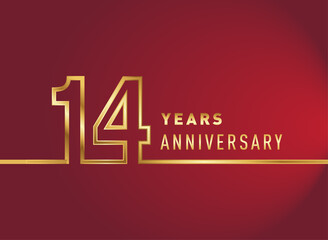 14th years anniversary logotype, gold colored isolated with red background, vector design for celebration, invitation card, and greeting card